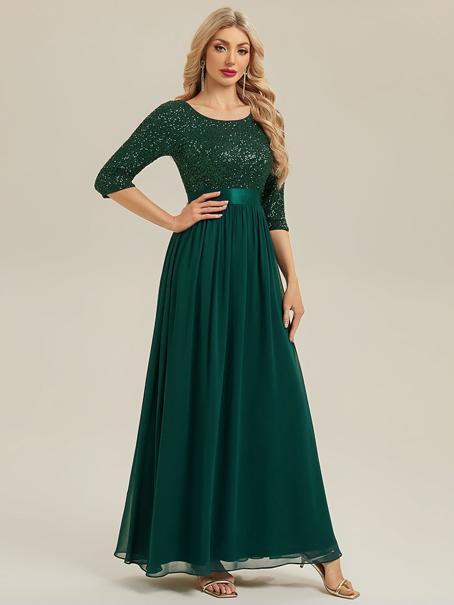 Robe de soirée chic à manches trois quarts en sequins avec patchwork coupe A longueur de sol et col rond #Couleur_Vert Fonce