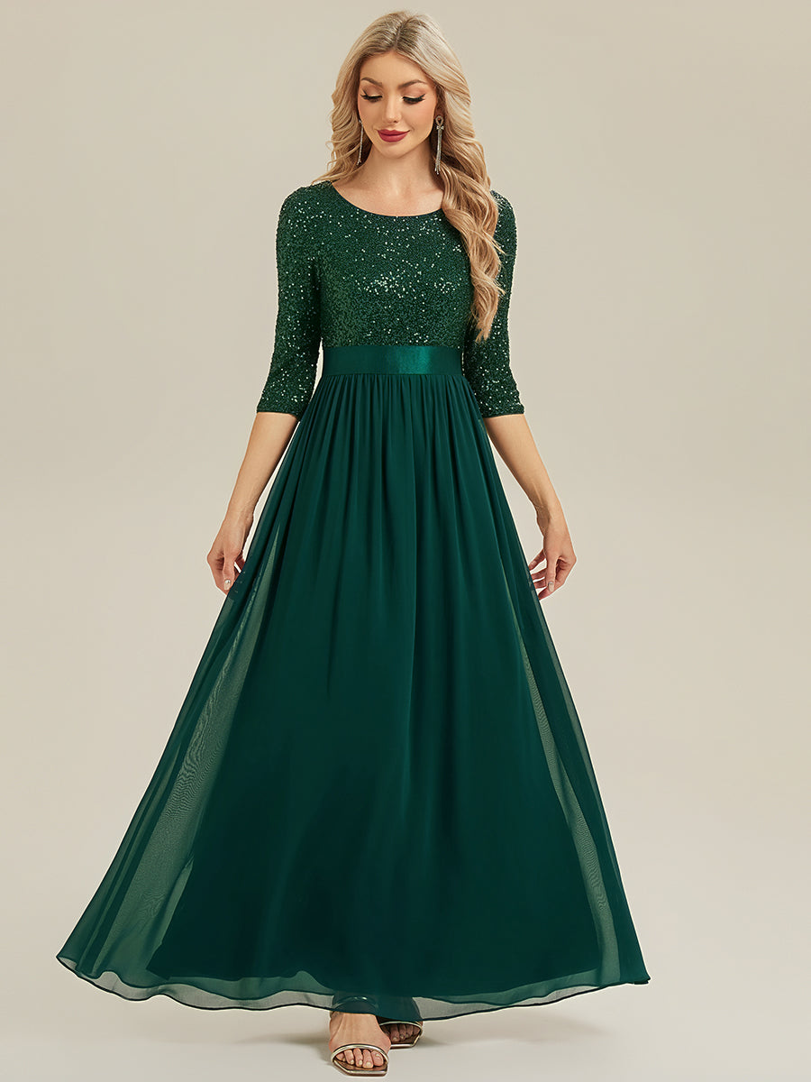 Robe de soirée chic à manches trois quarts en sequins avec patchwork coupe A longueur de sol et col rond #Couleur_Vert Fonce