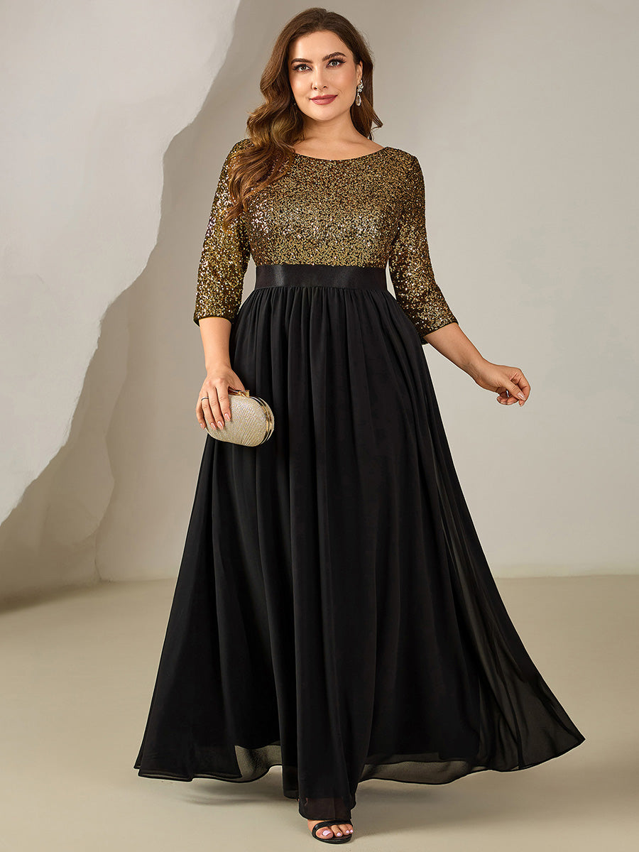 Robe de soirée chic à manches trois quarts en sequins avec patchwork coupe A longueur de sol et col rond #Couleur_Noir & Or