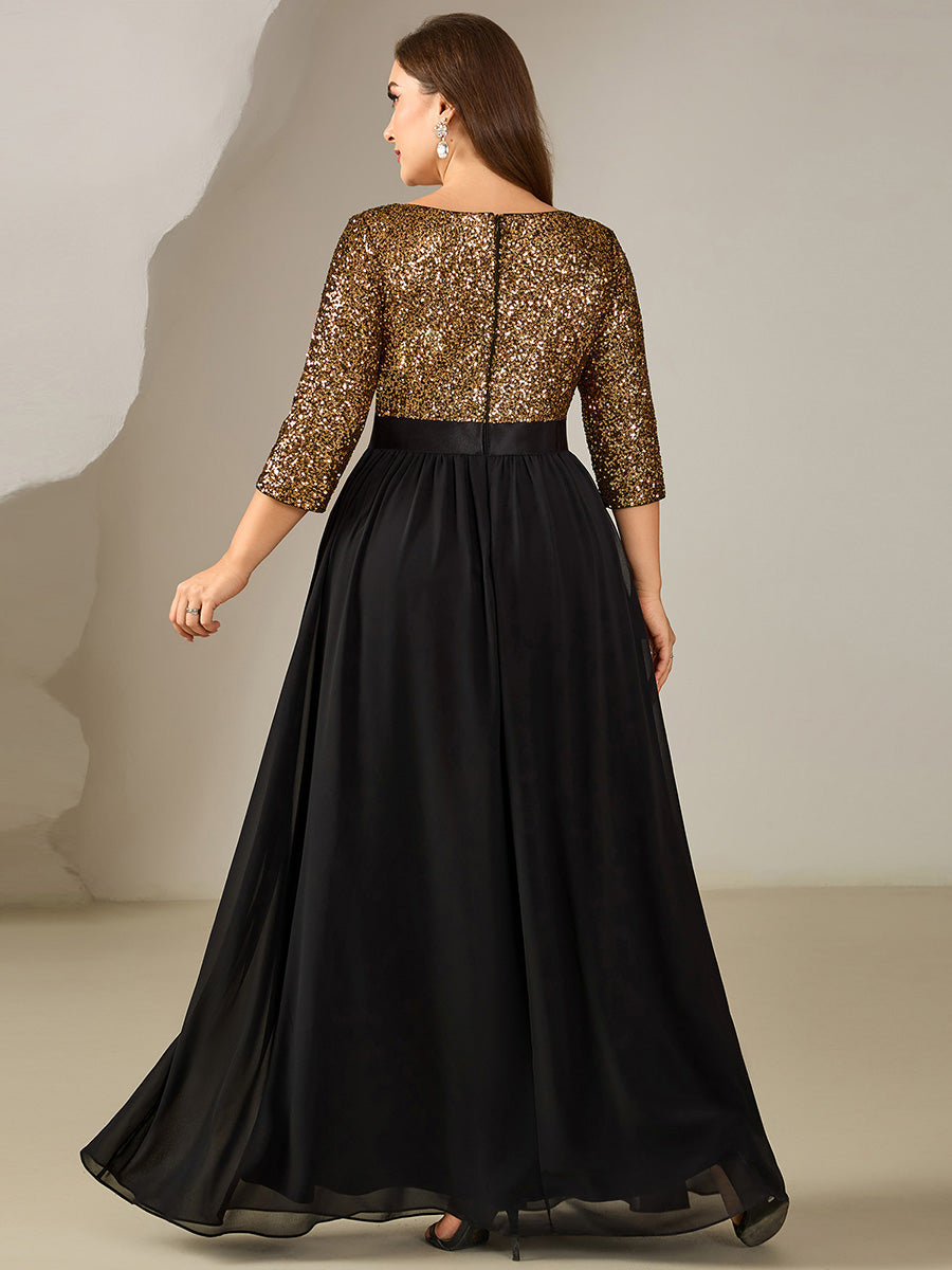 Robe de soirée chic à manches trois quarts en sequins avec patchwork coupe A longueur de sol et col rond #Couleur_Noir & Or