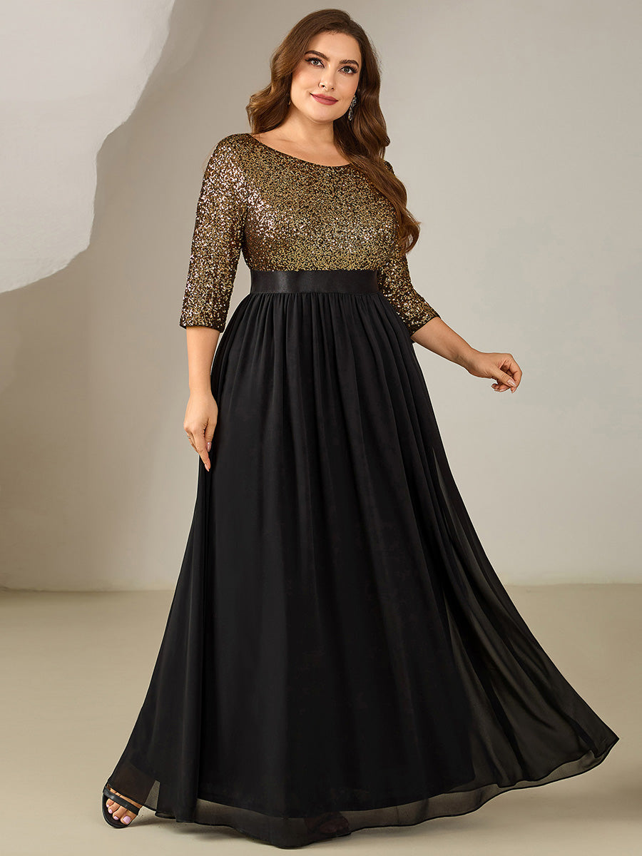 Robe de soirée chic à manches trois quarts en sequins avec patchwork coupe A longueur de sol et col rond #Couleur_Noir & Or