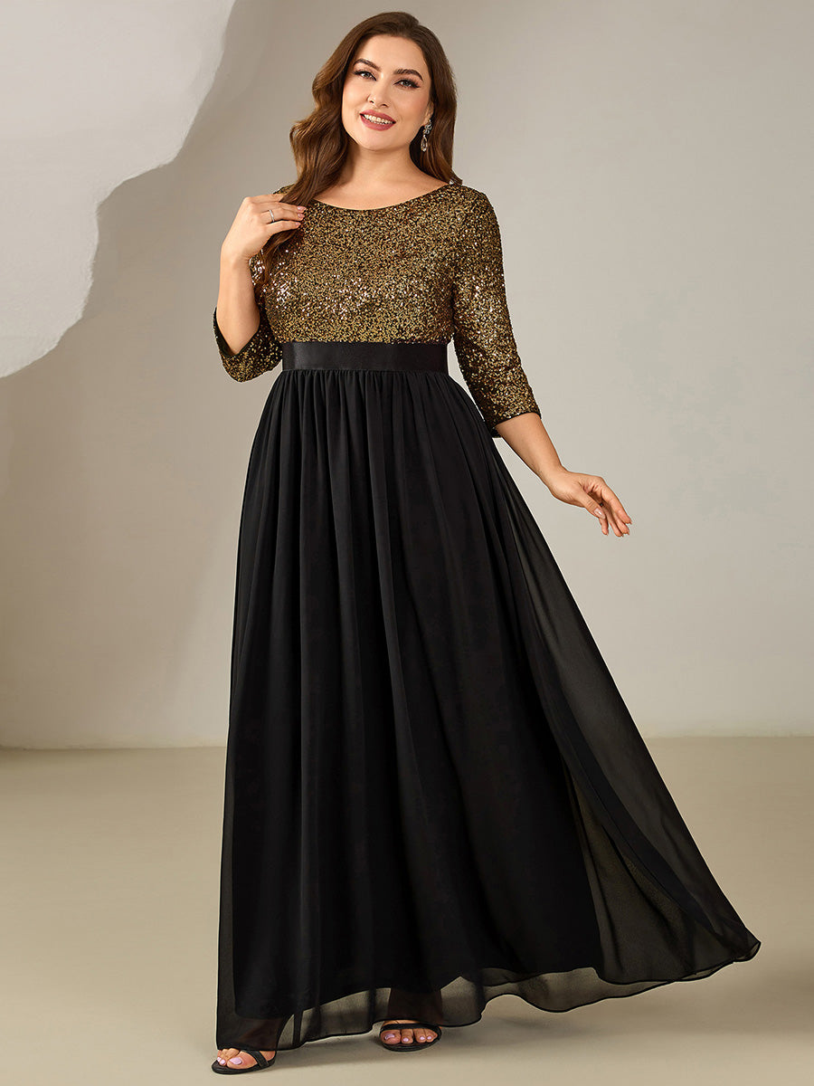 Robe de soirée chic à manches trois quarts en sequins avec patchwork coupe A longueur de sol et col rond #Couleur_Noir & Or