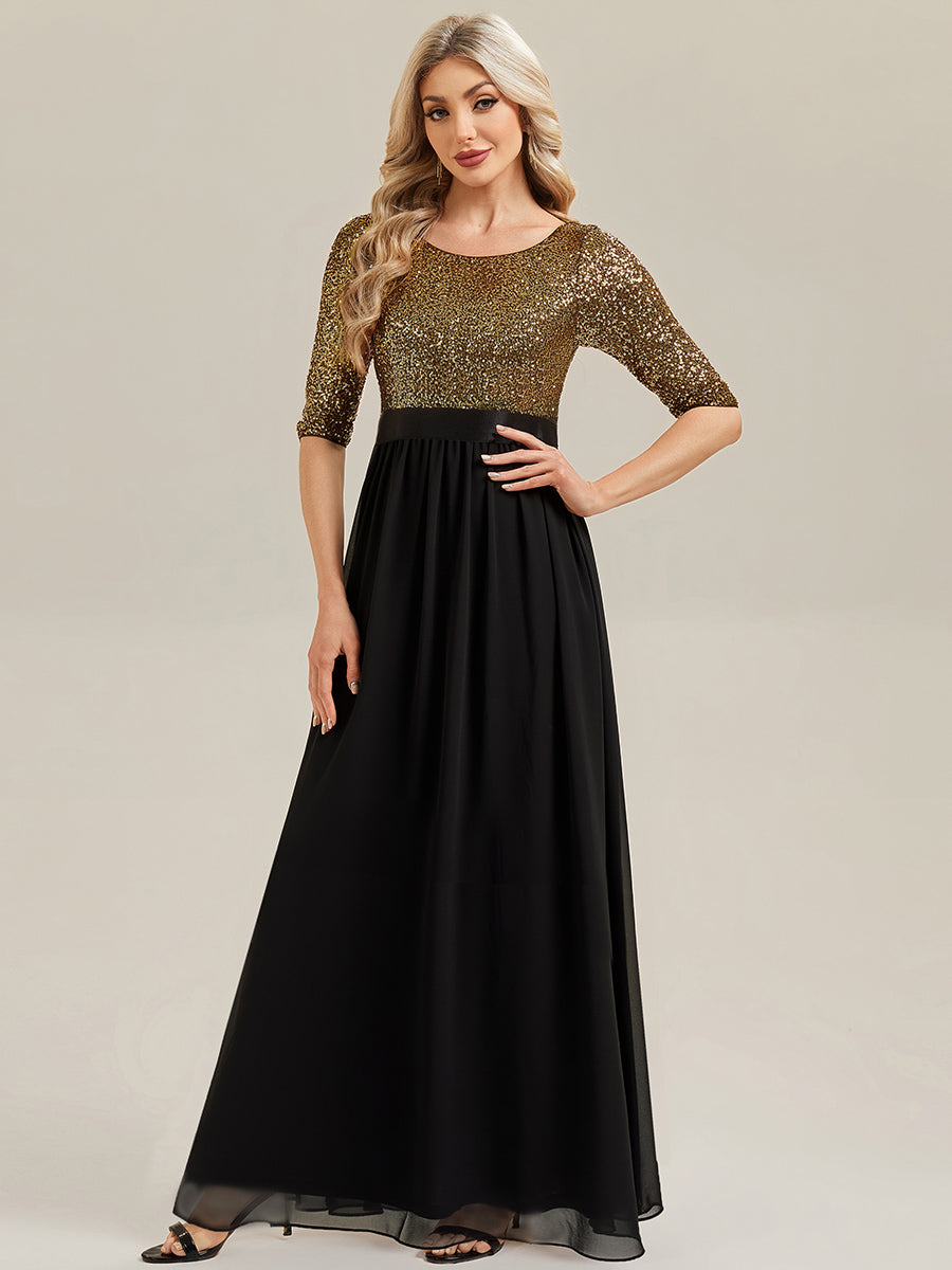 Robe de soirée chic à manches trois quarts en sequins avec patchwork coupe A longueur de sol et col rond #Couleur_Noir & Or