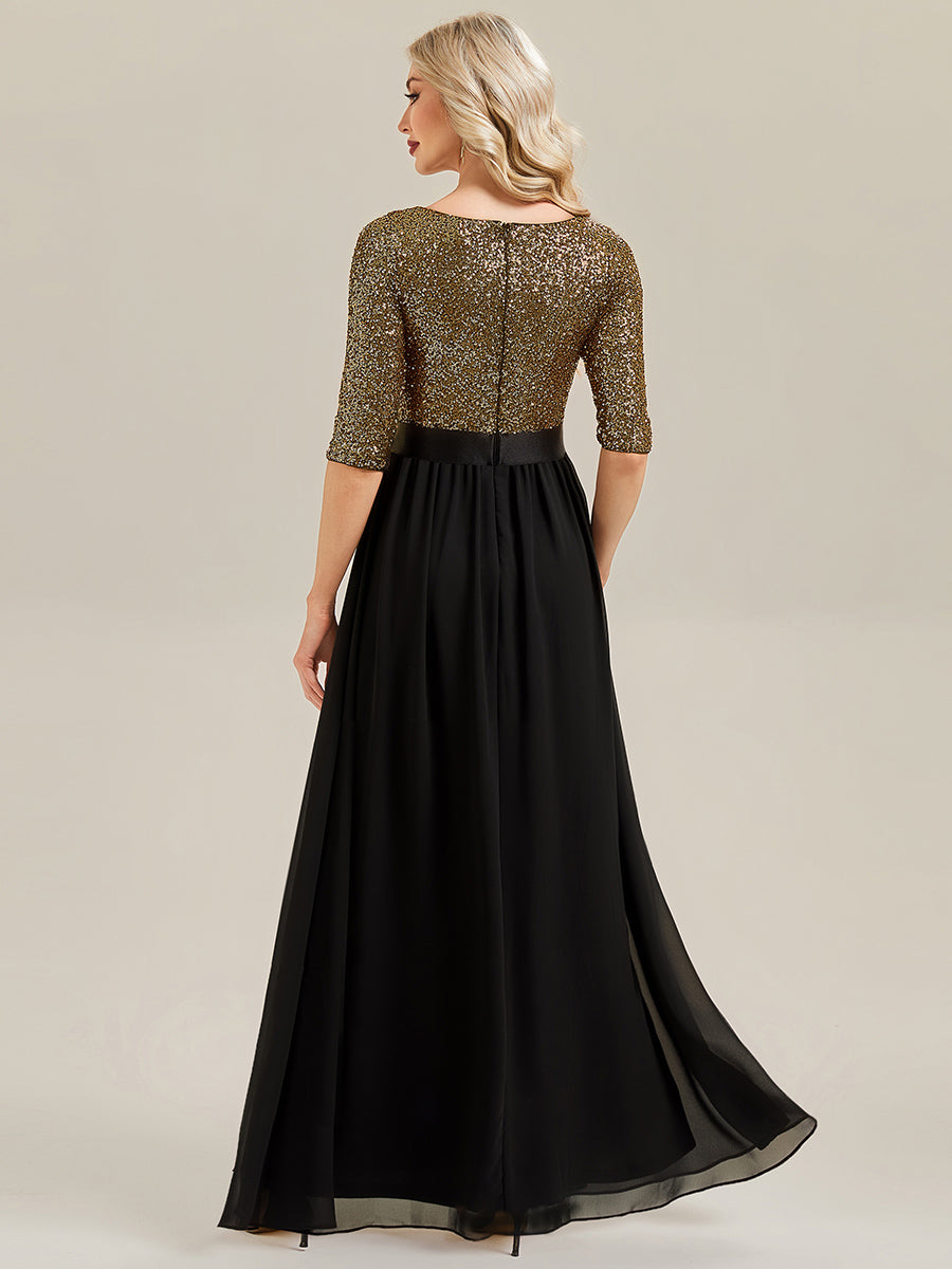 Robe de soirée chic à manches trois quarts en sequins avec patchwork coupe A longueur de sol et col rond #Couleur_Noir & Or