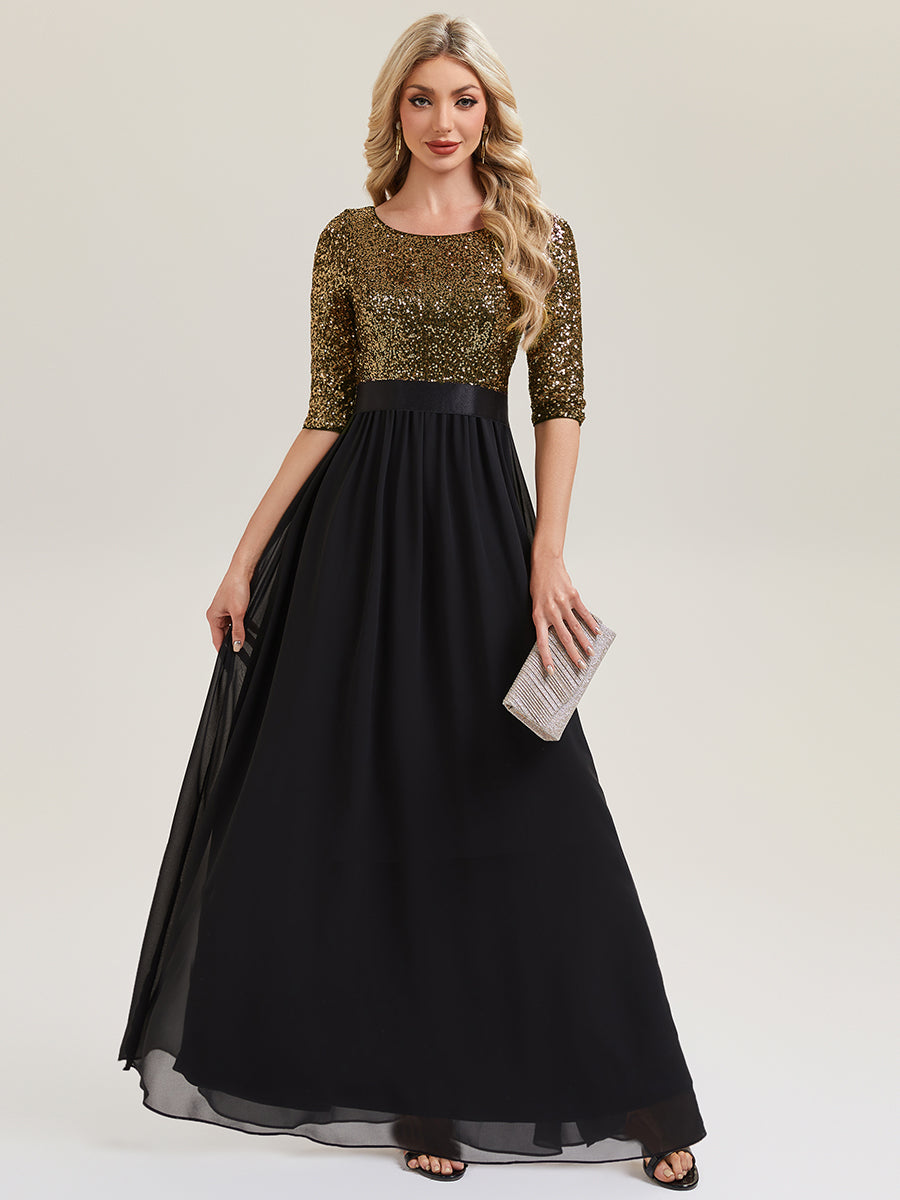 Robe de soirée chic à manches trois quarts en sequins avec patchwork coupe A longueur de sol et col rond #Couleur_Noir & Or