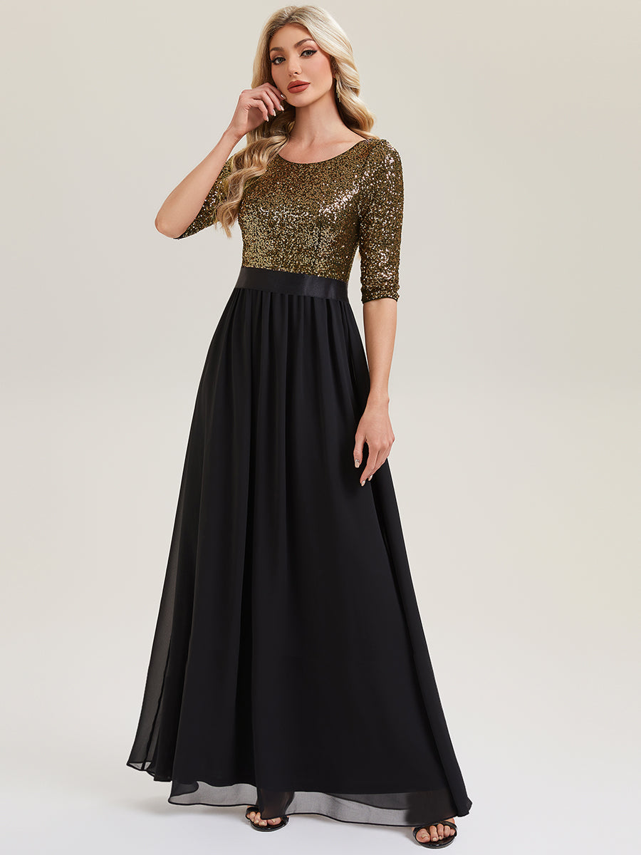 Robe de soirée chic à manches trois quarts en sequins avec patchwork coupe A longueur de sol et col rond #Couleur_Noir & Or