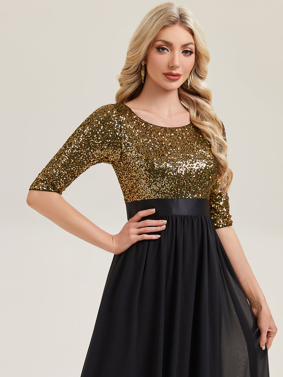 Robe de soirée chic à manches trois quarts en sequins avec patchwork coupe A longueur de sol et col rond #Couleur_Noir & Or