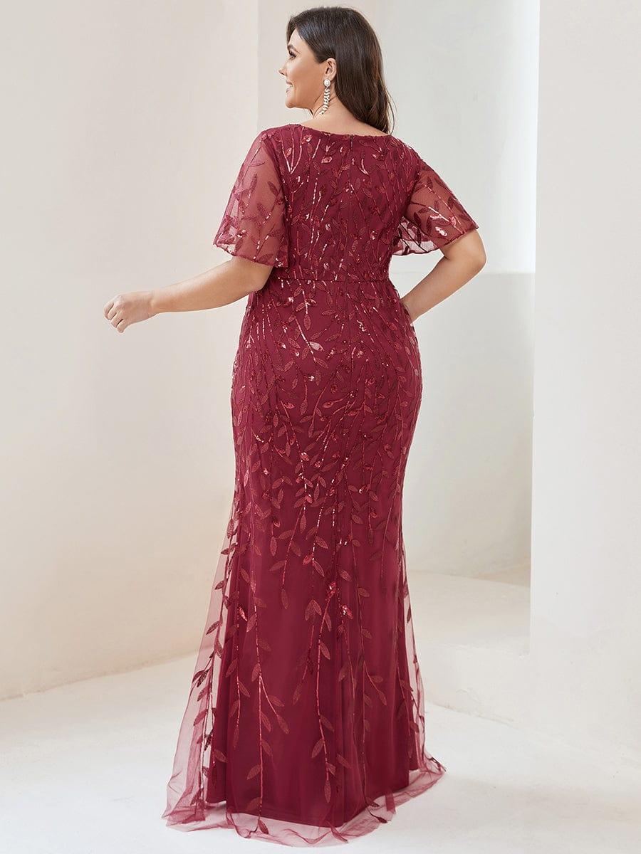Robe de soirée sirène à paillettes et tulle à col en V grande taille #Couleur_Bordeaux