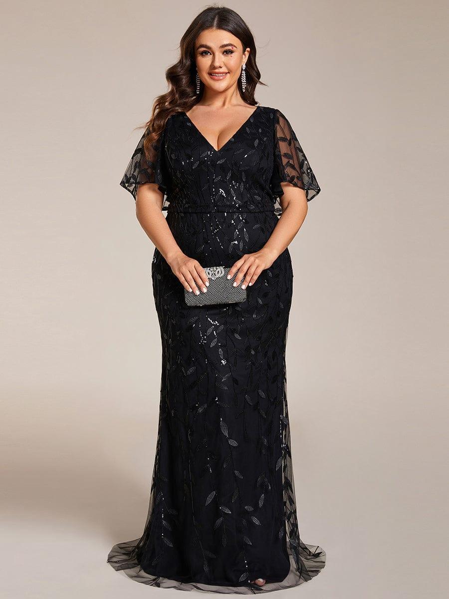 Robe de soirée sirène à paillettes et tulle à col en V grande taille #Couleur_Noir
