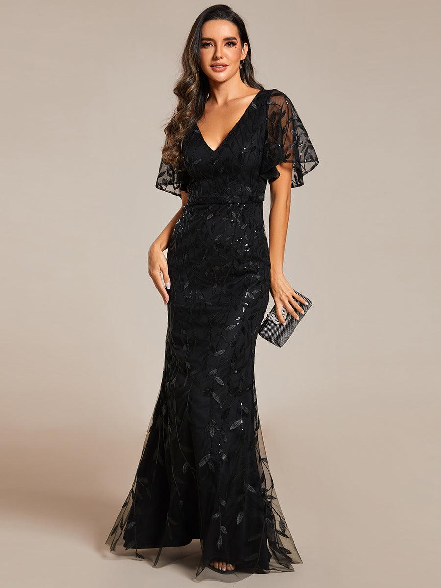 Robe de soirée en queue de poisson à paillettes et feuilles à col en V #Couleur_Noir