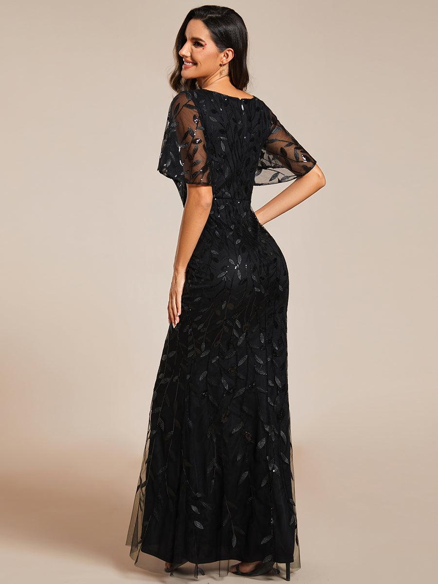 Robe de soirée en queue de poisson à paillettes et feuilles à col en V #Couleur_Noir