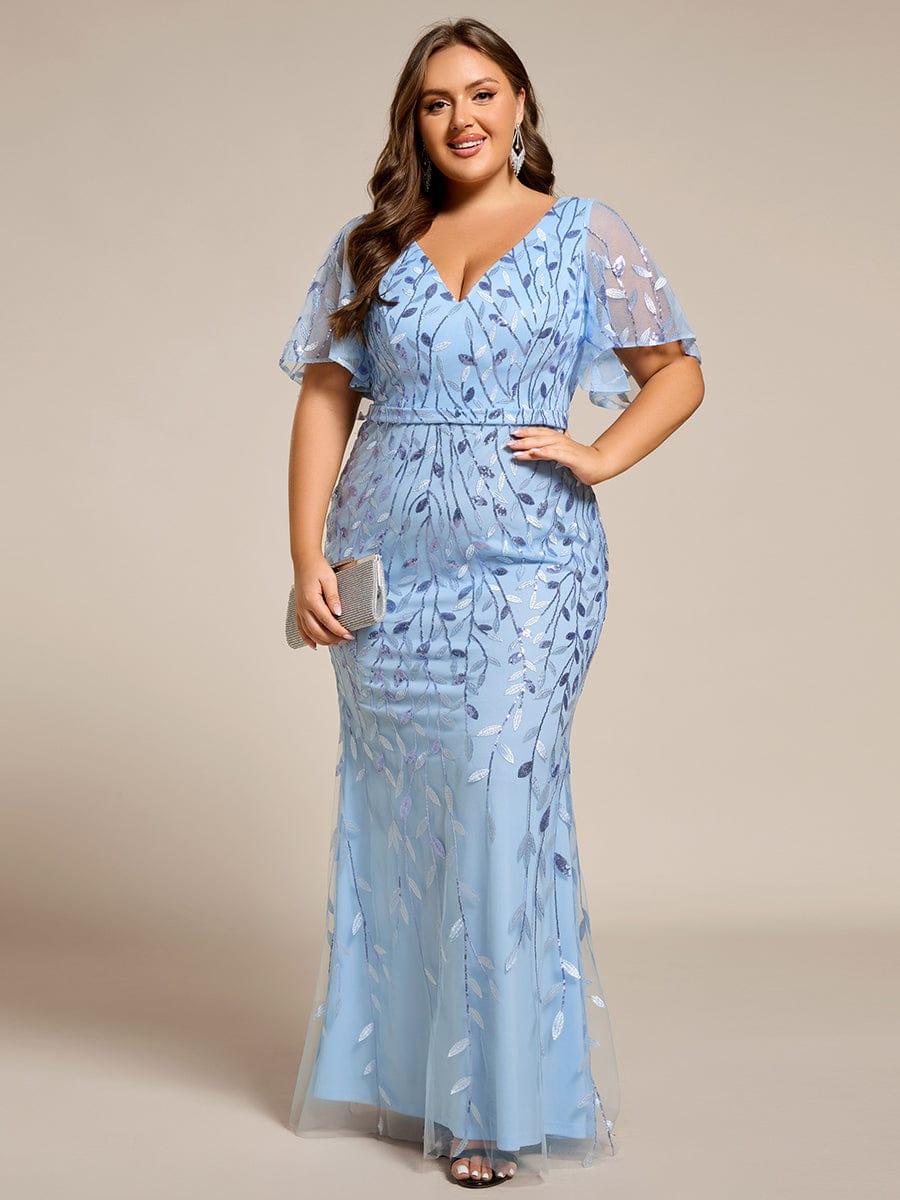 Robe de soirée sirène à paillettes et tulle à col en V grande taille #Couleur_Bleu Ciel