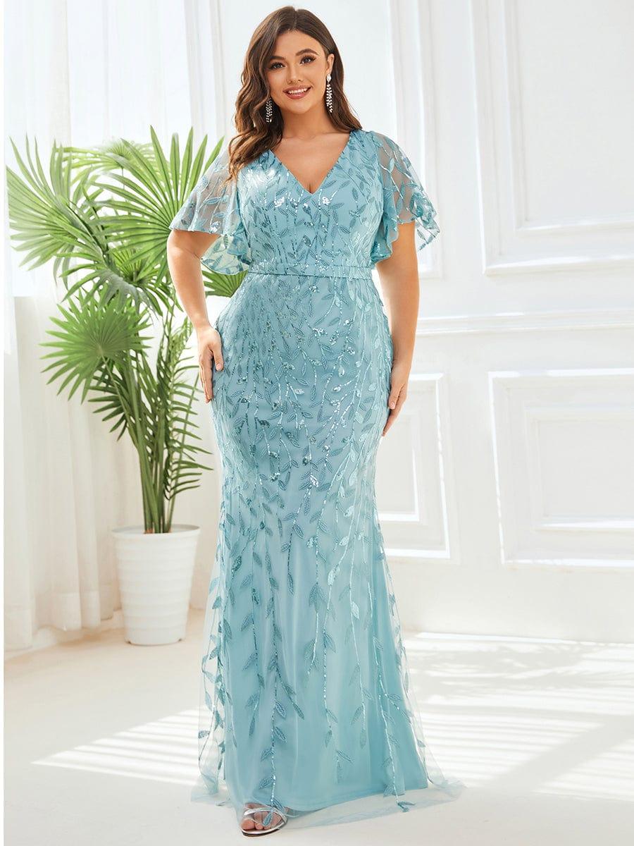 Robe de soirée sirène à paillettes et tulle à col en V grande taille #Couleur_Bleu Fume