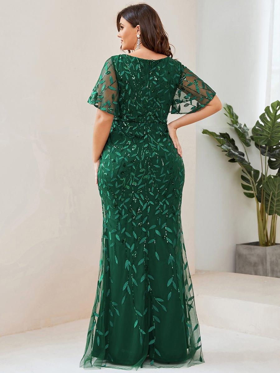 Robe de soirée sirène à paillettes et tulle à col en V grande taille #Couleur_Vert Fonce