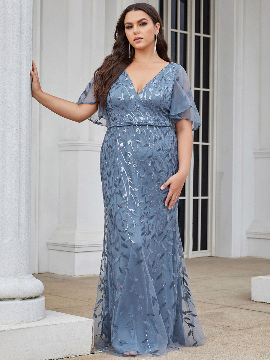 Robe de soirée en queue de poisson à paillettes et feuilles à col en V #Couleur_Marine Fume