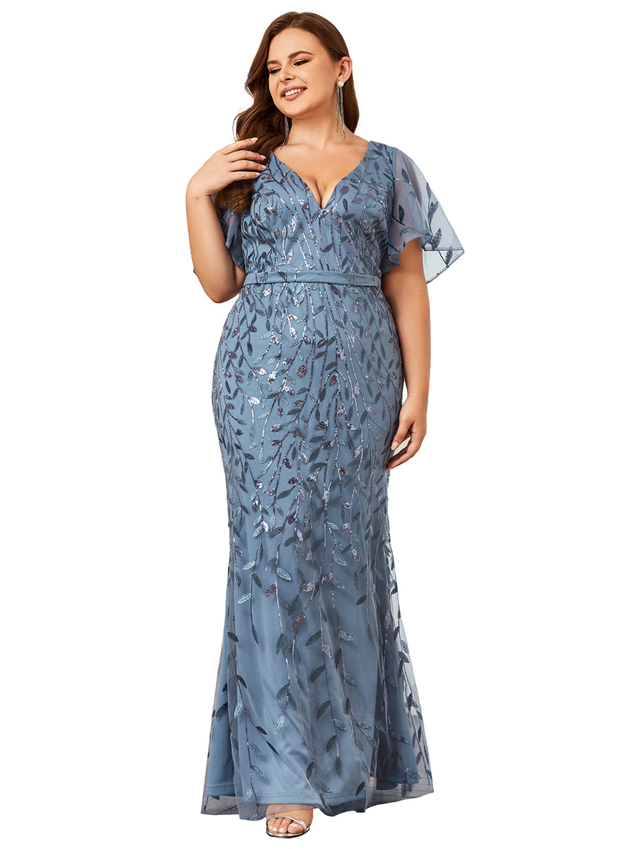Robe de soirée en queue de poisson à paillettes et feuilles à col en V #Couleur_Marine Fume