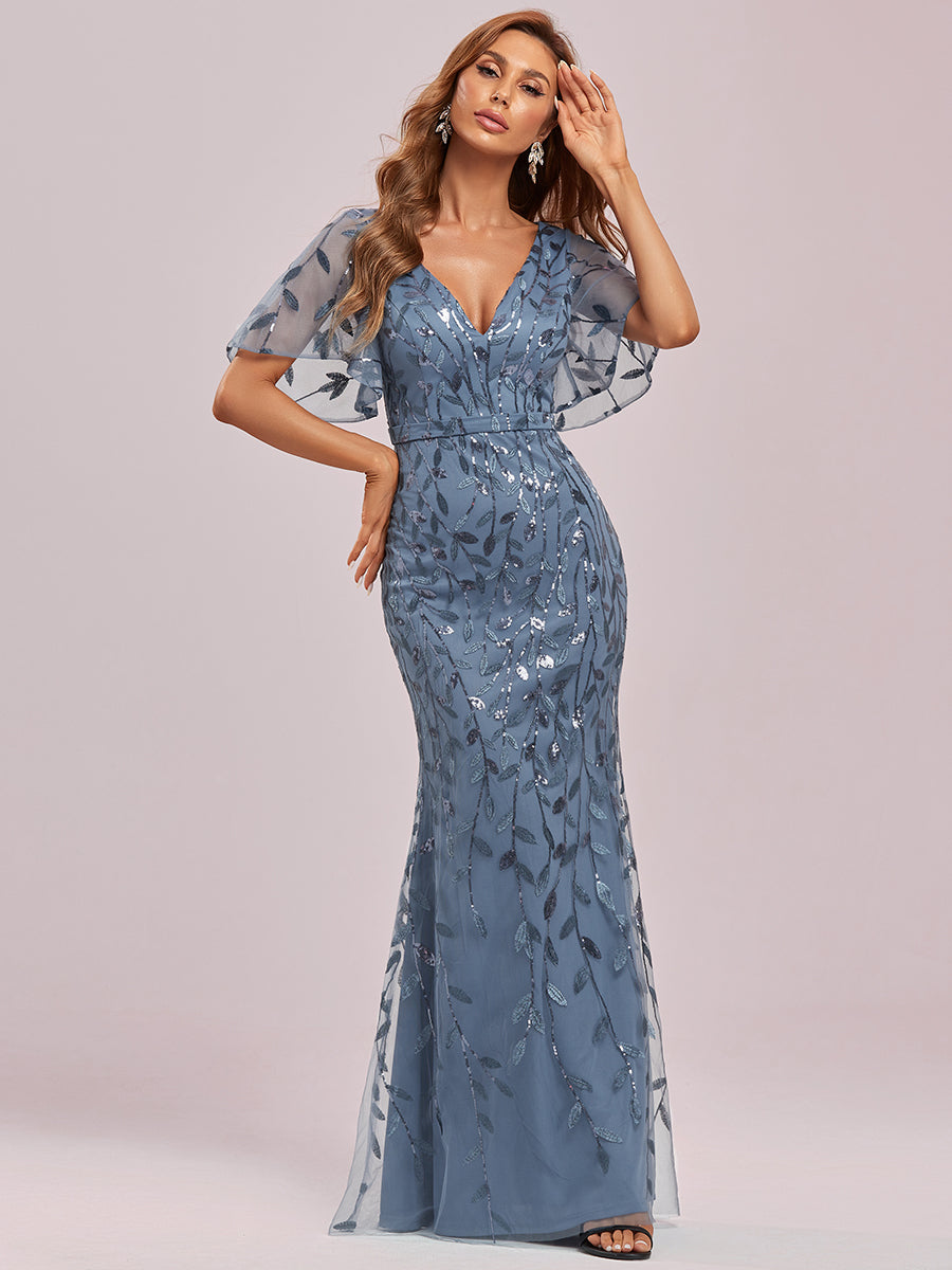 Robe de soirée en queue de poisson à paillettes et feuilles à col en V #Couleur_Marine Fume