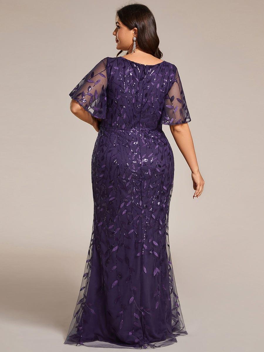 Robe de soirée sirène à paillettes et tulle à col en V grande taille #Couleur_Violet Fonce