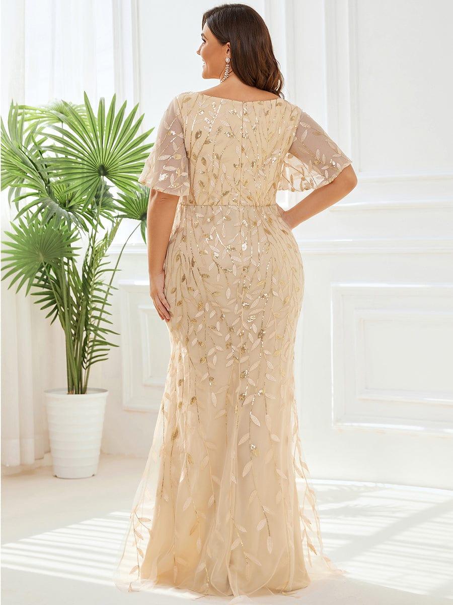 Robe de soirée sirène à paillettes et tulle à col en V grande taille #Couleur_Dorée