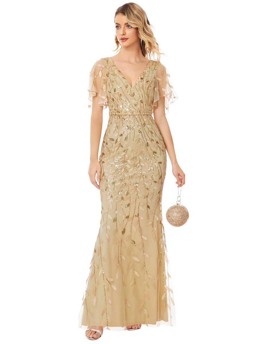 Robe de soirée en queue de poisson à paillettes et feuilles à col en V #Couleur_Dorée