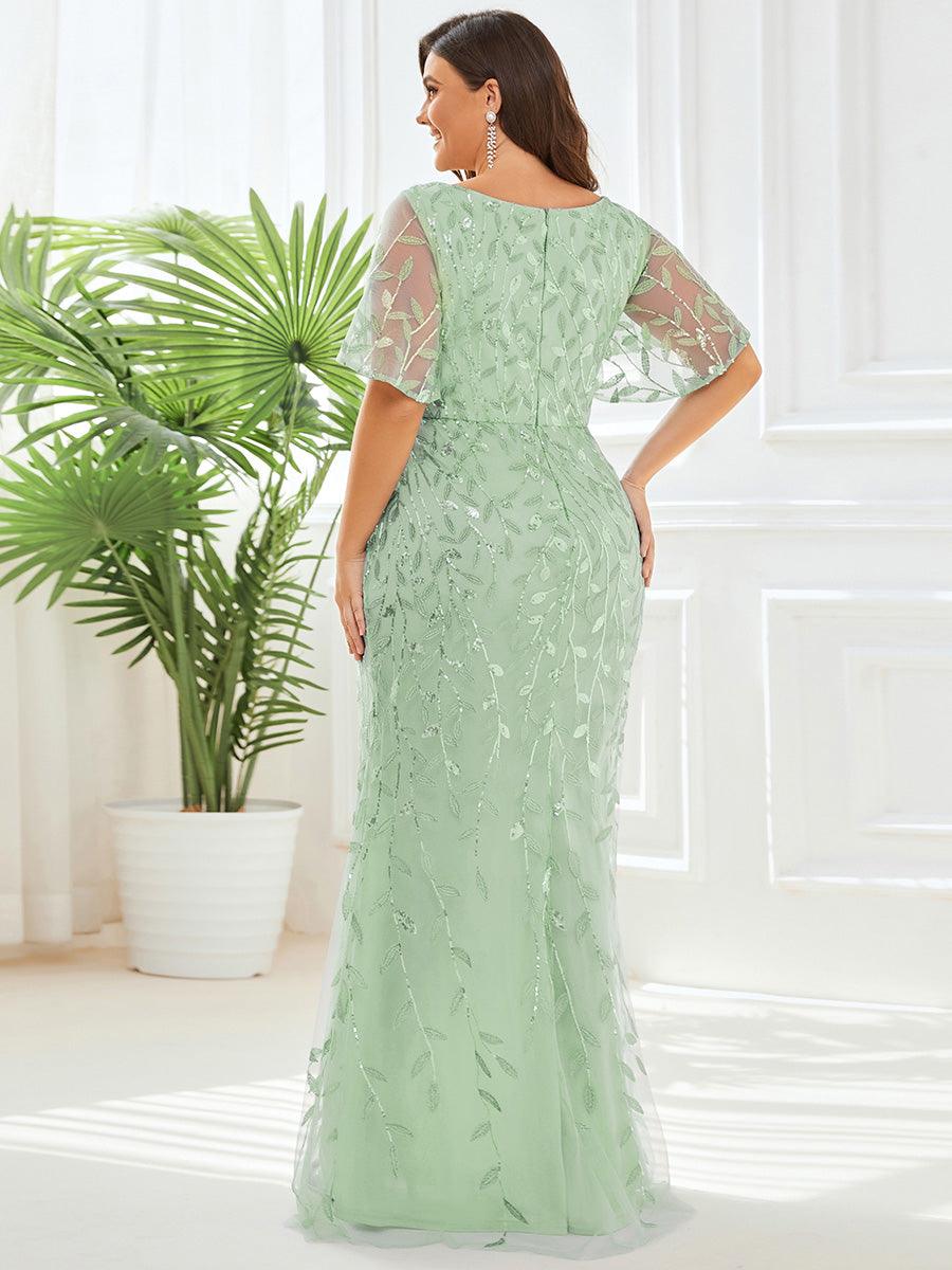 Robe de soirée en queue de poisson à paillettes et feuilles à col en V #Couleur_Menthe Verte