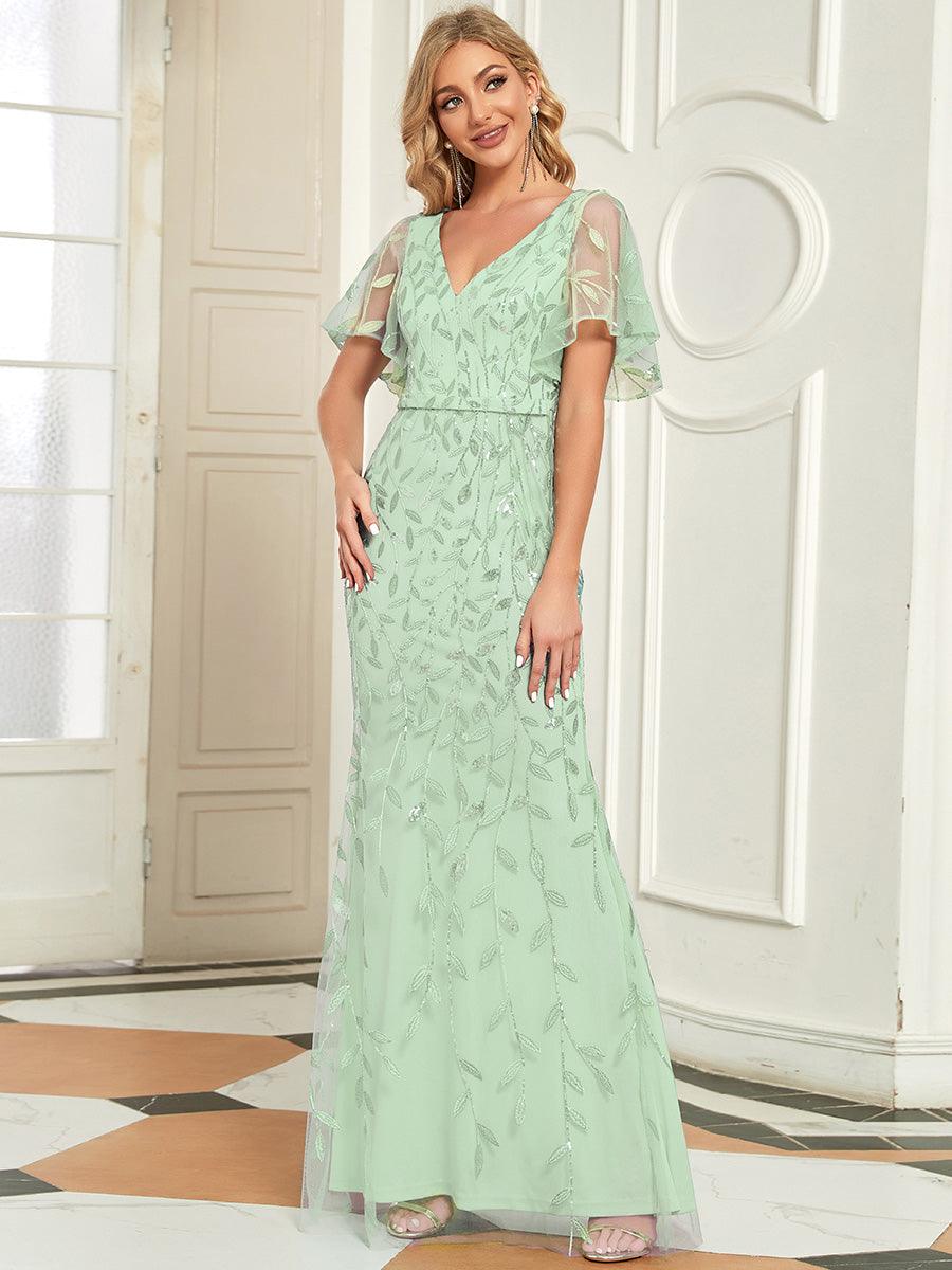 Robe de soirée en queue de poisson à paillettes et feuilles à col en V #Couleur_Menthe Verte