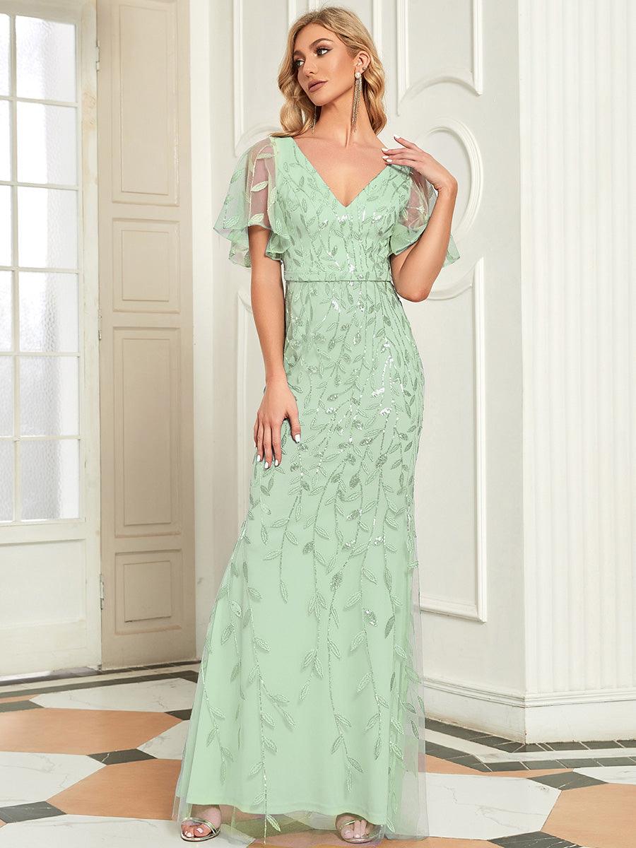 Robe de soirée en queue de poisson à paillettes et feuilles à col en V #Couleur_Menthe Verte
