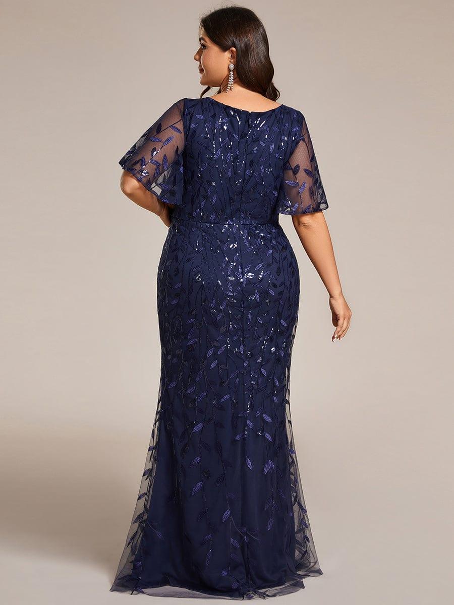 Robe de soirée sirène à paillettes et tulle à col en V grande taille #Couleur_Bleu Marine