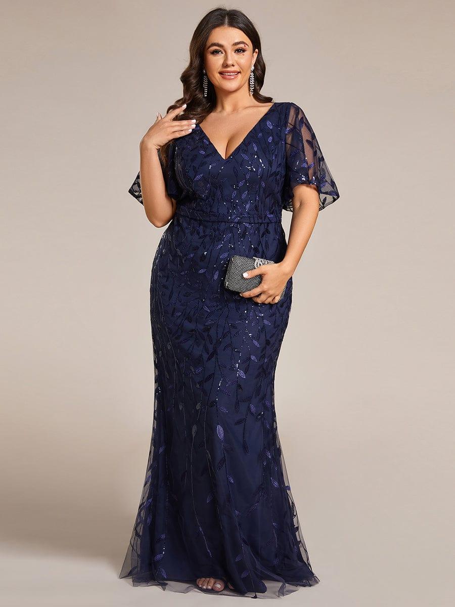 Robe de soirée sirène à paillettes et tulle à col en V grande taille #Couleur_Bleu Marine