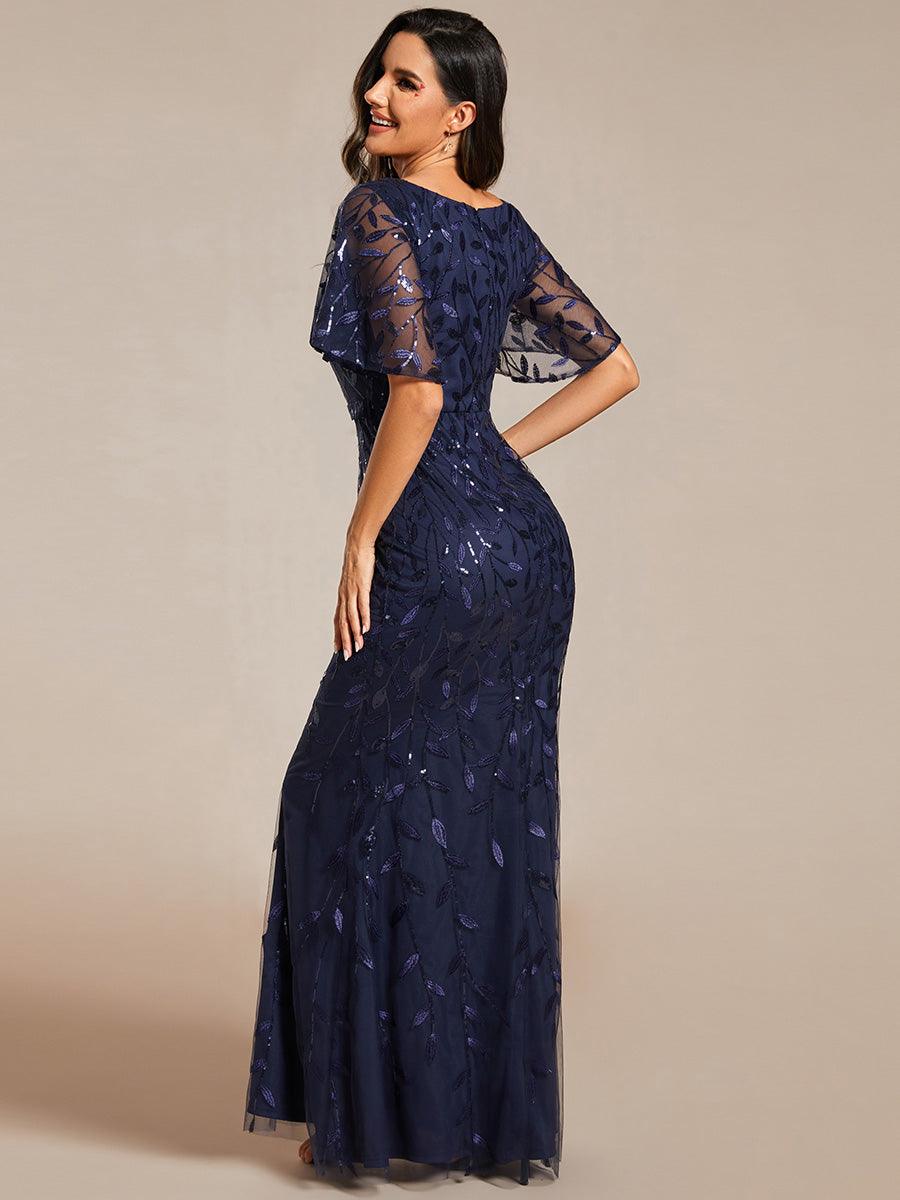 Robe de soirée en queue de poisson à paillettes et feuilles à col en V #Couleur_Bleu Marine