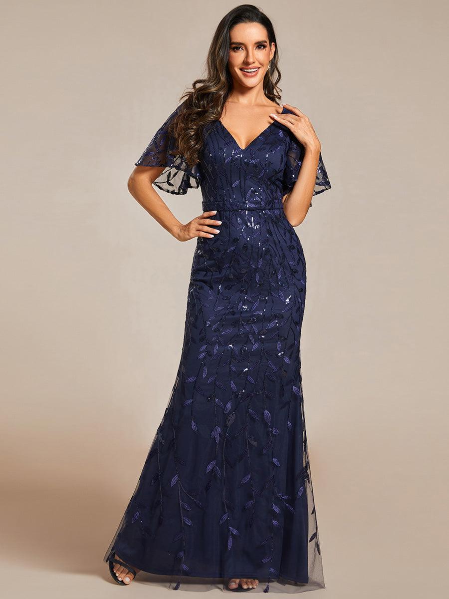 Robe de soirée en queue de poisson à paillettes et feuilles à col en V #Couleur_Bleu Marine