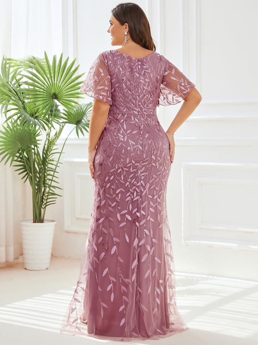 Robe de soirée sirène à paillettes et tulle à col en V grande taille #Couleur_Orchidee