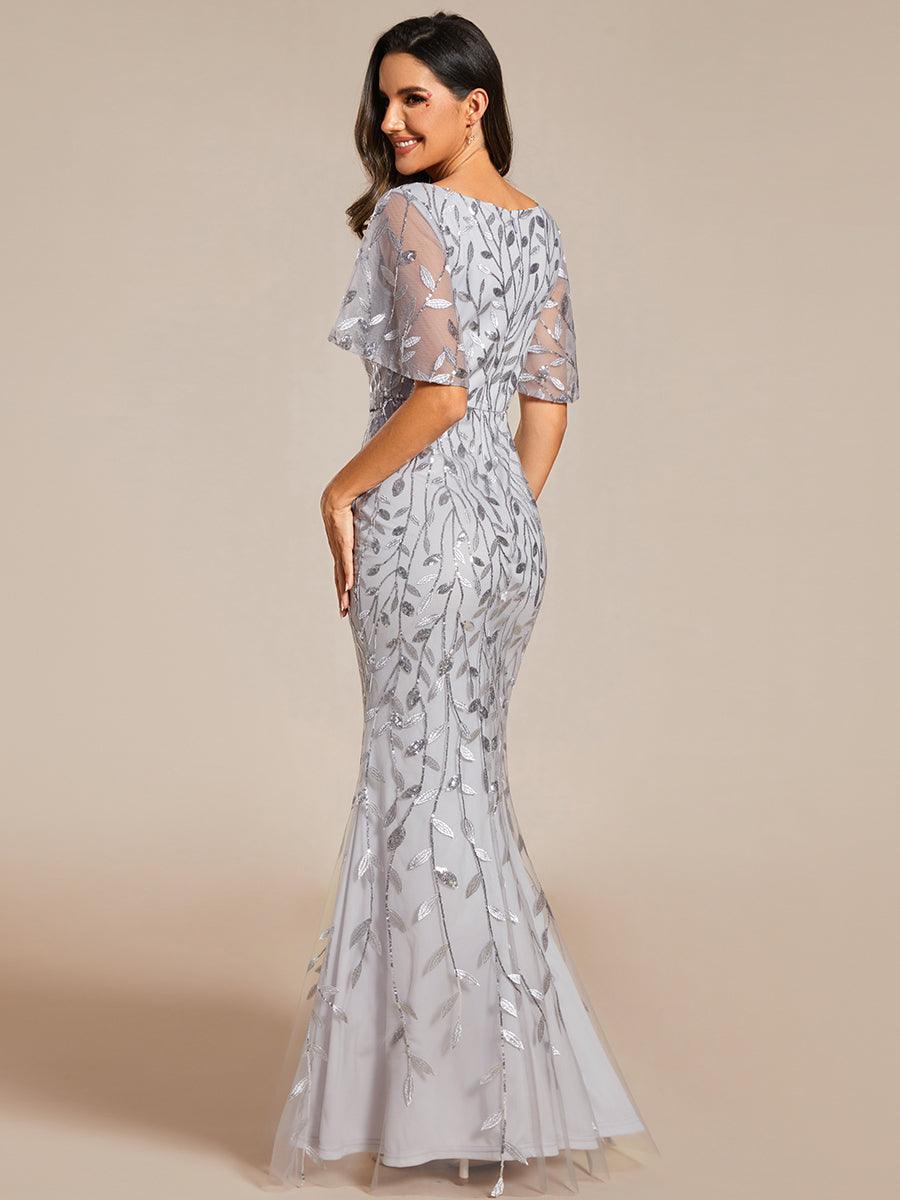 Robe de soirée en queue de poisson à paillettes et feuilles à col en V #Couleur_Argent