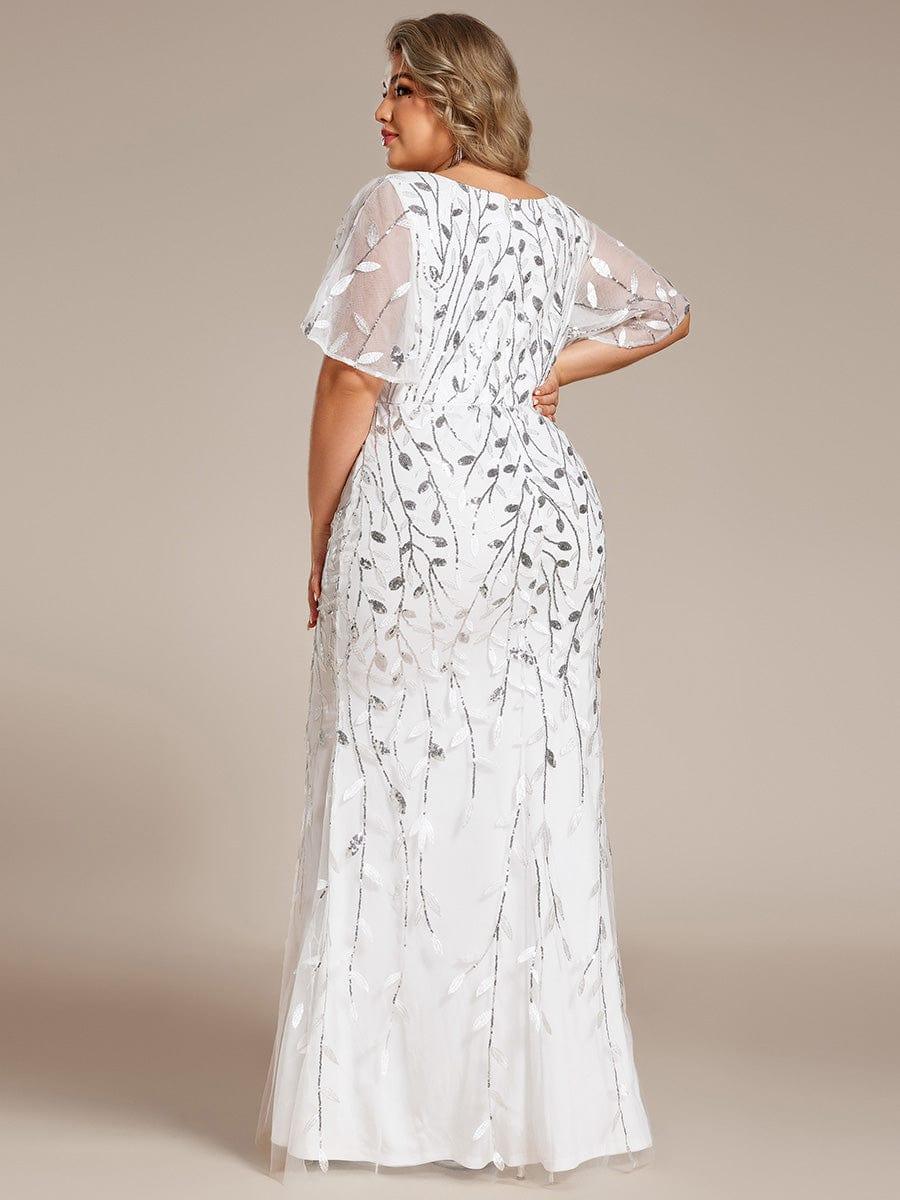 Robe de soirée sirène à paillettes et tulle à col en V grande taille #Couleur_Blanc