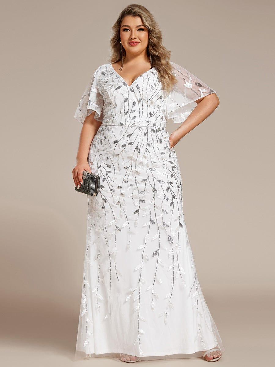 Robe de soirée sirène à paillettes et tulle à col en V grande taille #Couleur_Blanc