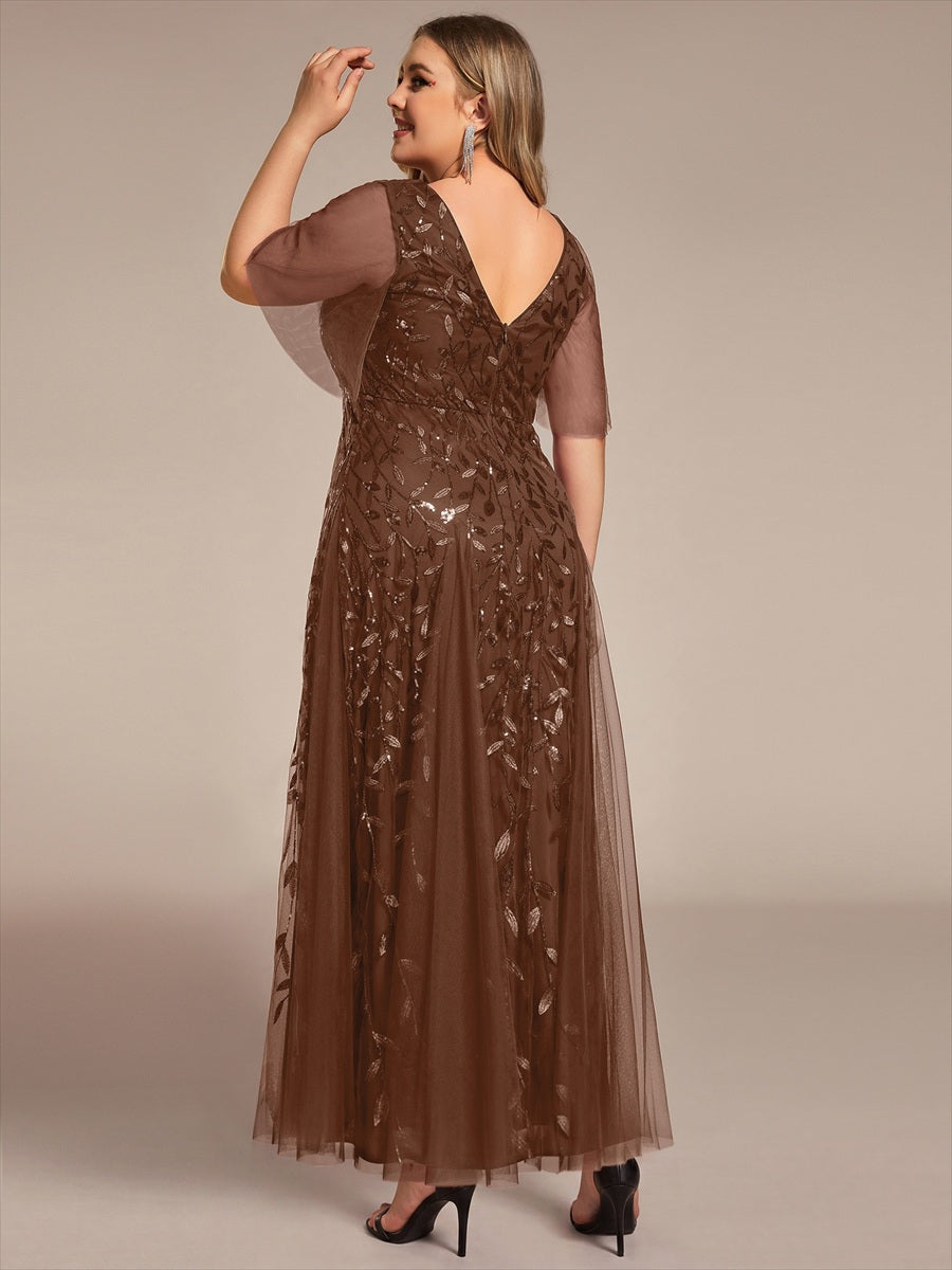 Robe d'Invité de Superbe Mariage Longue à Col en V et Manches à Volants #Couleur_Brun