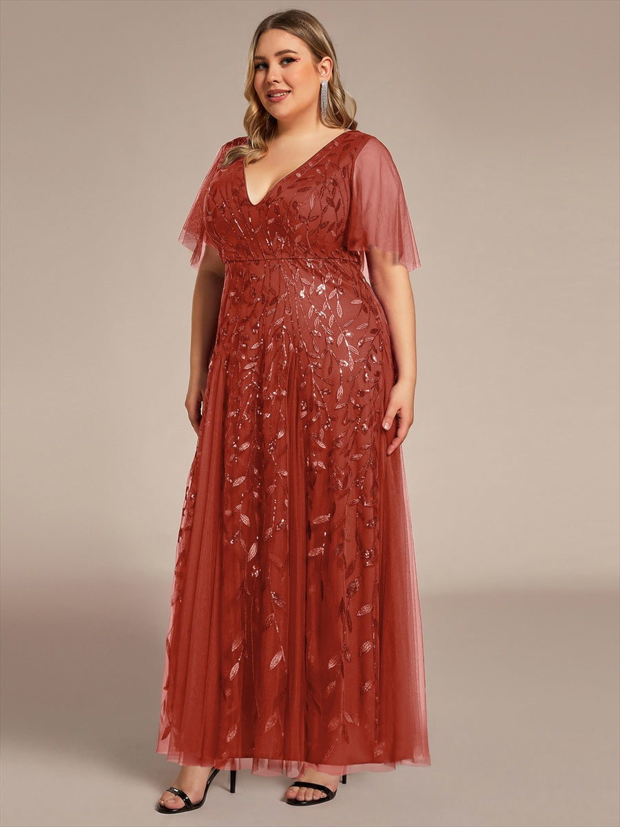 Robe de Soirée Longue Romantique et Scintillante à Col V et Pailletes #Couleur_Burnt Orange