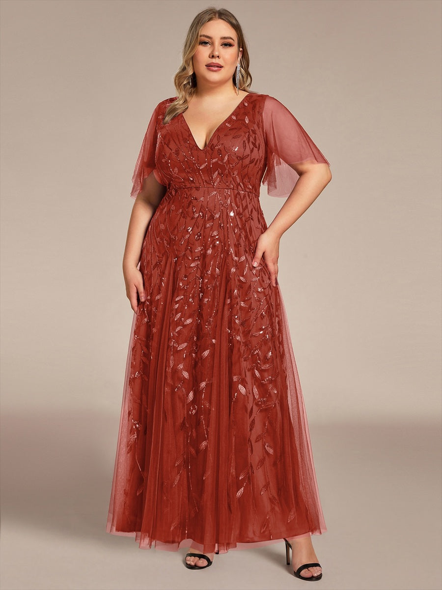 Robe de Soirée Longue Romantique et Scintillante à Col V et Pailletes #Couleur_Burnt Orange