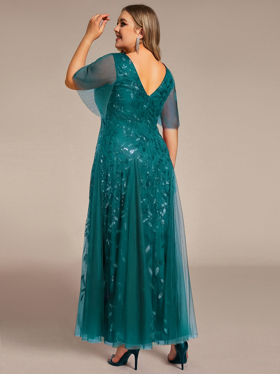 Robe d'Invité de Superbe Mariage Longue à Col en V et Manches à Volants #Couleur_Bleu Sarcelle