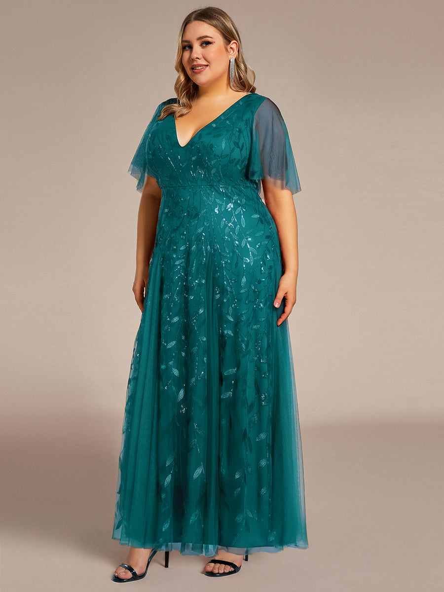 Robe d'Invité de Superbe Mariage Longue à Col en V et Manches à Volants #Couleur_Bleu Sarcelle