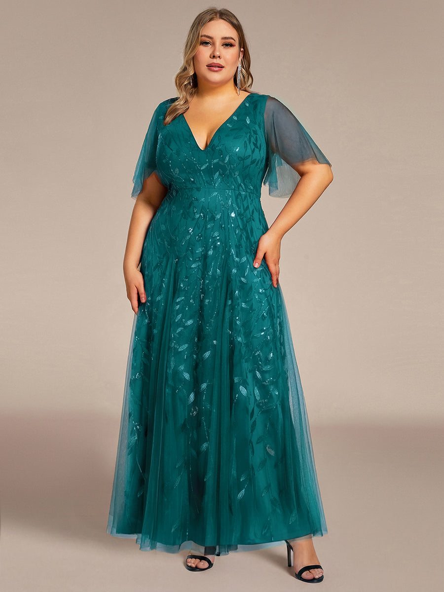 Robe d'Invité de Superbe Mariage Longue à Col en V et Manches à Volants #Couleur_Bleu Sarcelle