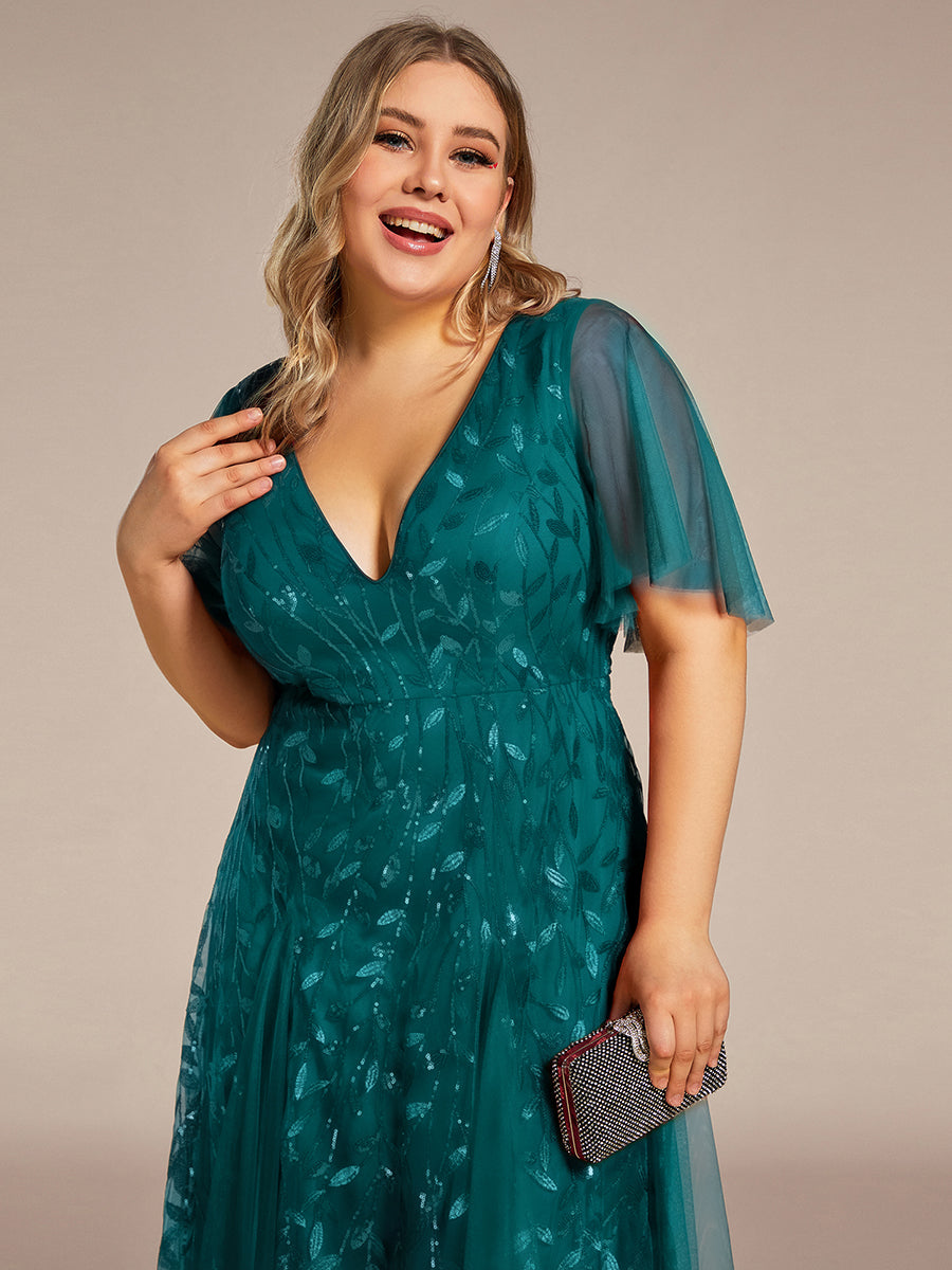Robe d'Invité de Superbe Mariage Longue à Col en V et Manches à Volants #Couleur_Bleu Sarcelle