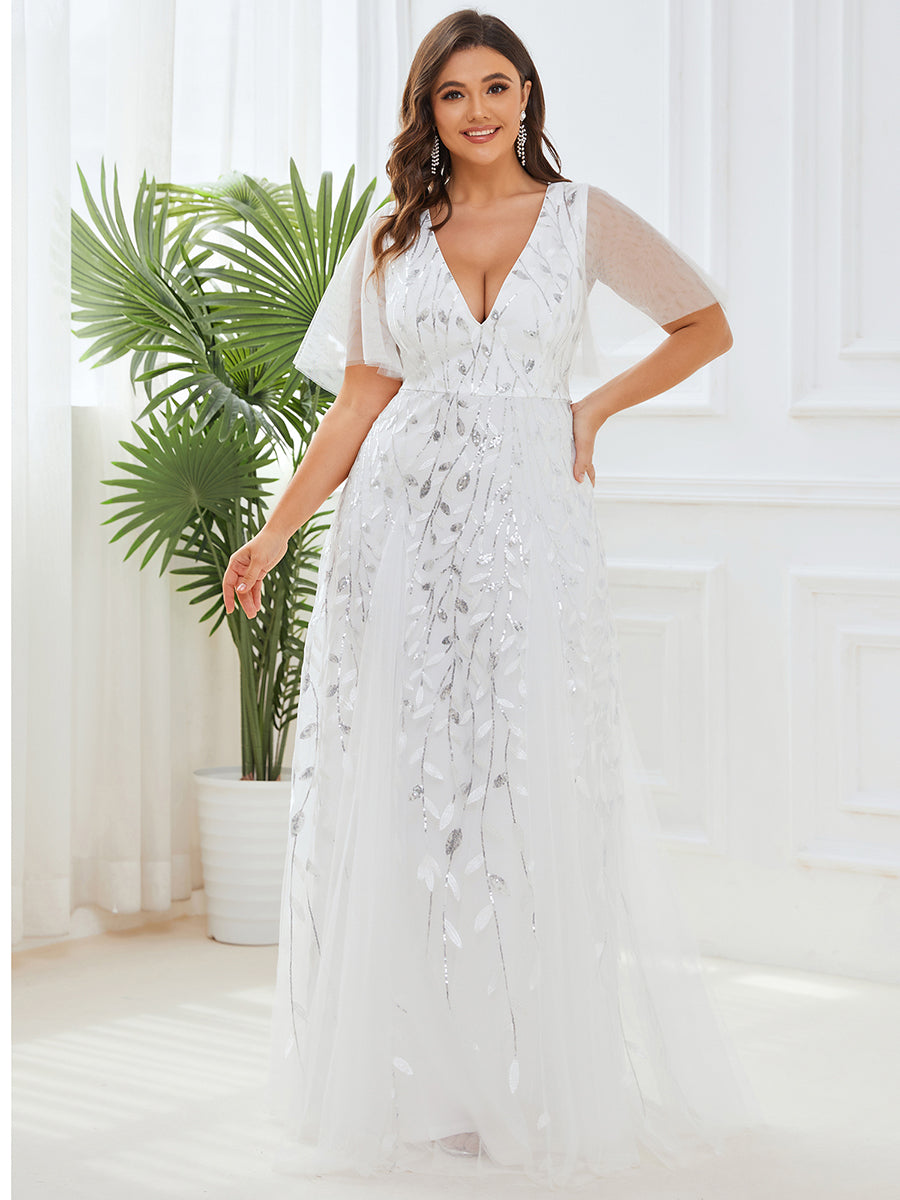 Robe d'Invité de Superbe Mariage Longue à Col en V et Manches à Volants #Couleur_Blanc