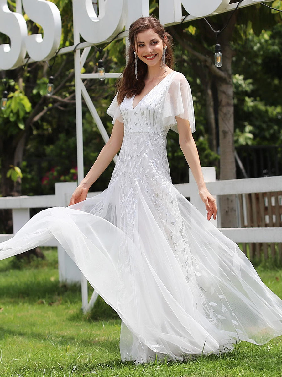 Robe d'Invité de Superbe Mariage Longue à Col en V et Manches à Volants #Couleur_Blanc