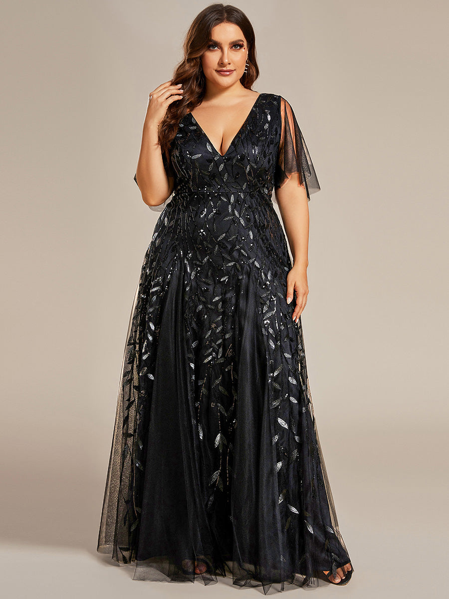 Robe de Soirée Longue Romantique et Scintillante à Col V et Pailletes #Couleur_Noir