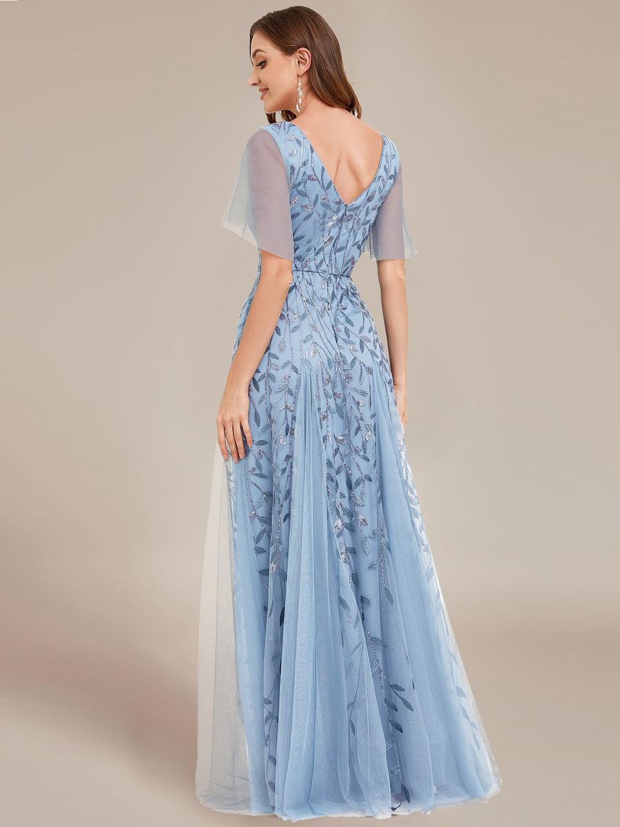 Robe de Soirée Longue Romantique et Scintillante à Col V et Pailletes #Couleur_Bleu Ciel