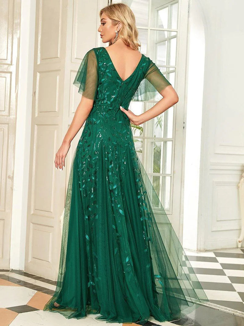Robe d'Invité de Superbe Mariage Longue à Col en V et Manches à Volants #Couleur_Vert Fonce