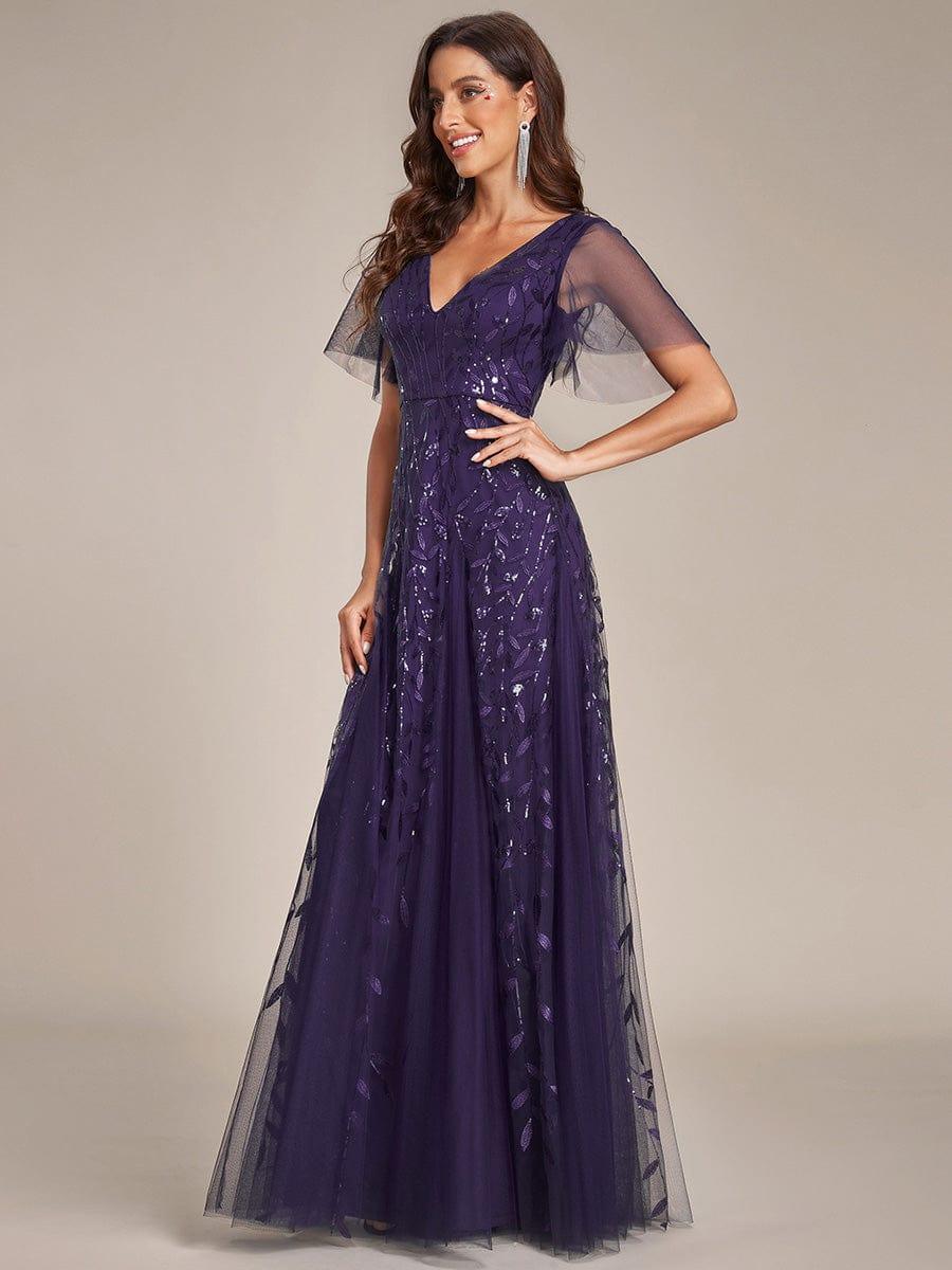 Robe d'Invité de Superbe Mariage Longue à Col en V et Manches à Volants #Couleur_Violet Fonce