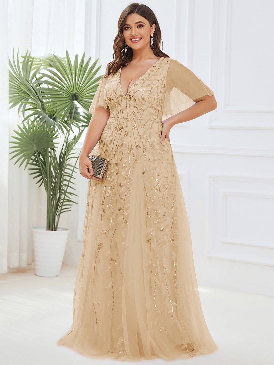 Robe de Soirée Longue Romantique et Scintillante à Col V et Pailletes #Couleur_Dorée