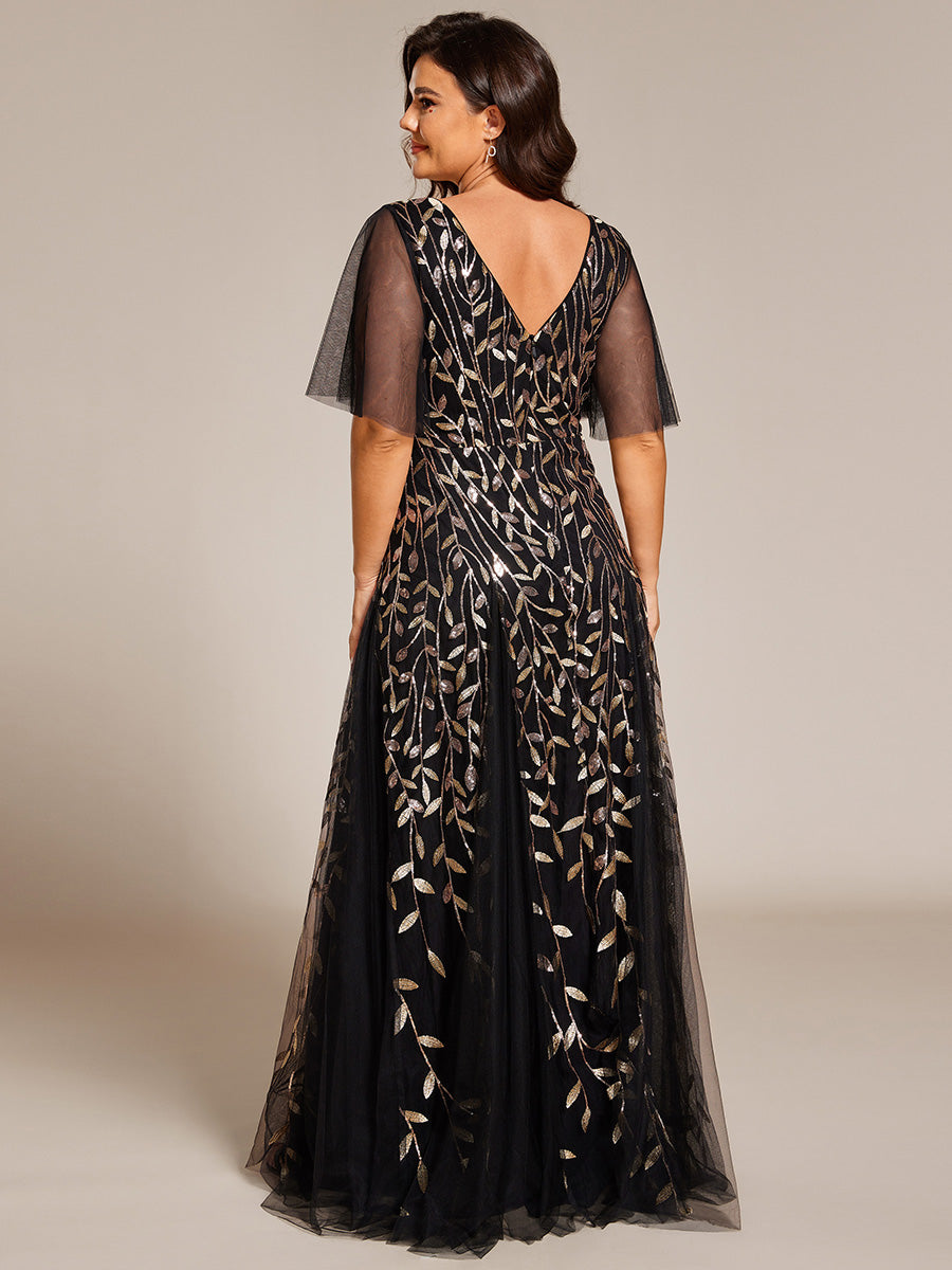 Robe de Soirée Longue Romantique et Scintillante à Col V et Pailletes #Couleur_Noir & Or